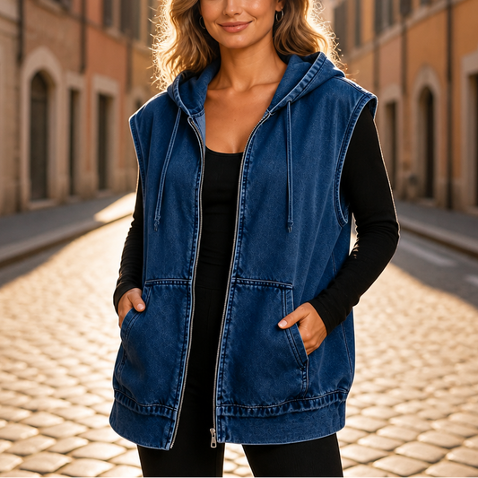 Oversized hooded denim-look vest in blue with front pockets and hood drawstring ties