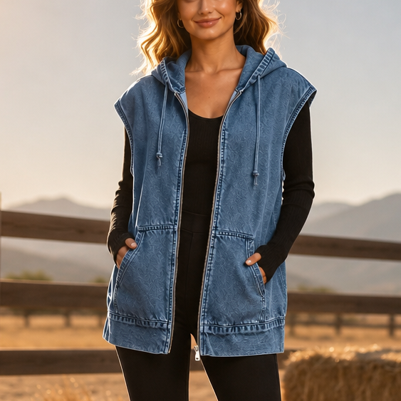 Oversized Hooded Denim-Look Vest