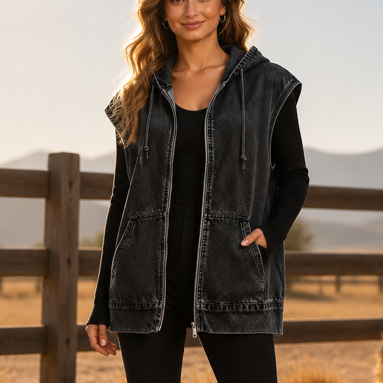 Oversized Hooded Denim-Look Vest