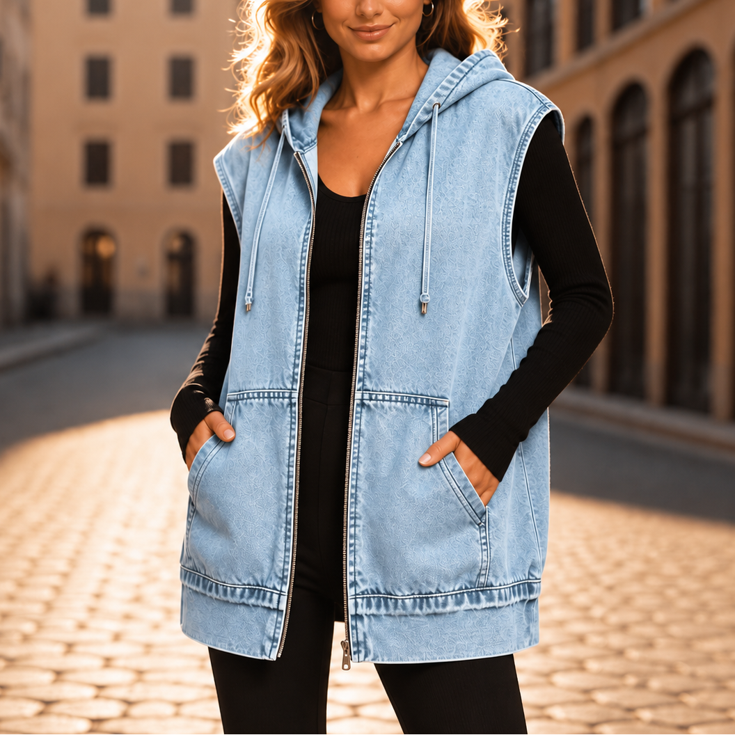 Oversized Hooded Denim-Look Vest