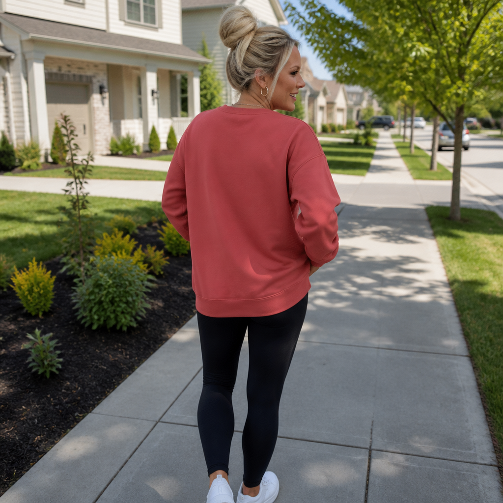 Red oversized crewneck sweatshirt, rear view with ribbed hem and cuffs