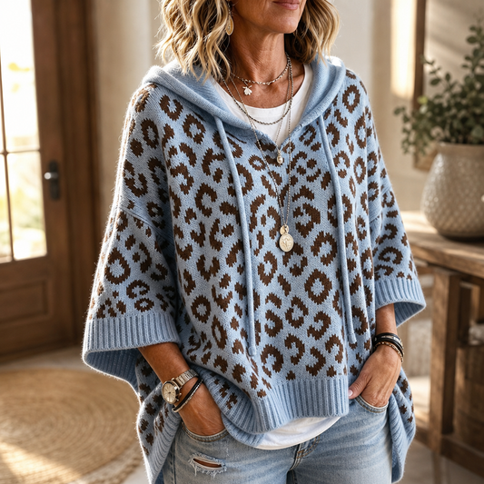Light blue leopard print hooded knit sweater with ribbed cuffs and hem edge