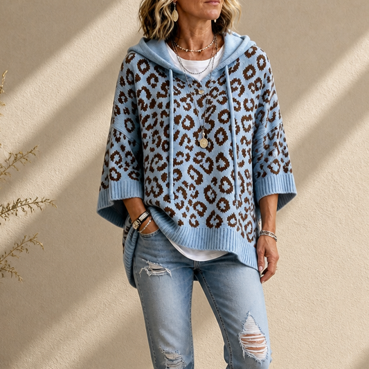 Light blue leopard-print knit hooded sweater with ribbed cuffs and loose fit