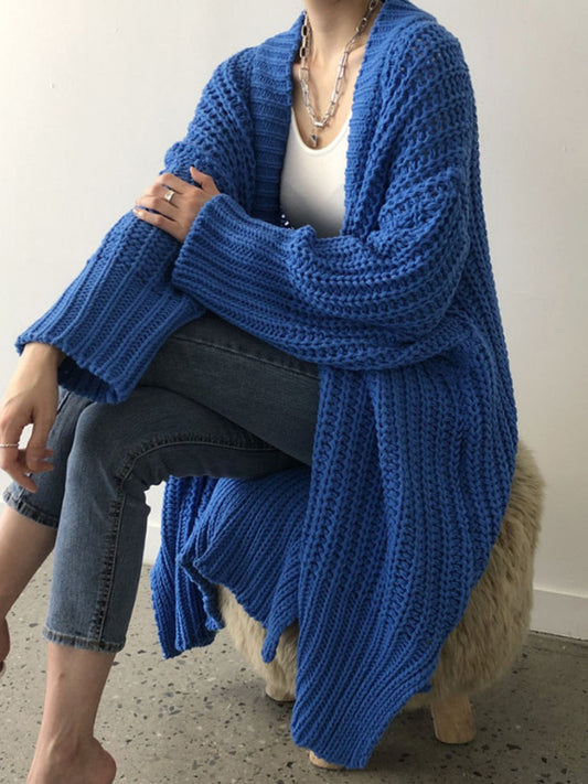 Azure open-front chunky cardigan with wide draped sleeves and front split hem