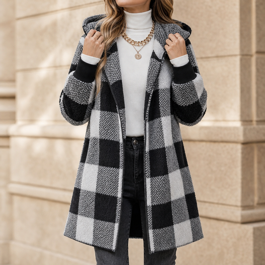 Oversized Plaid Hooded Fleece-Look Cardigan
