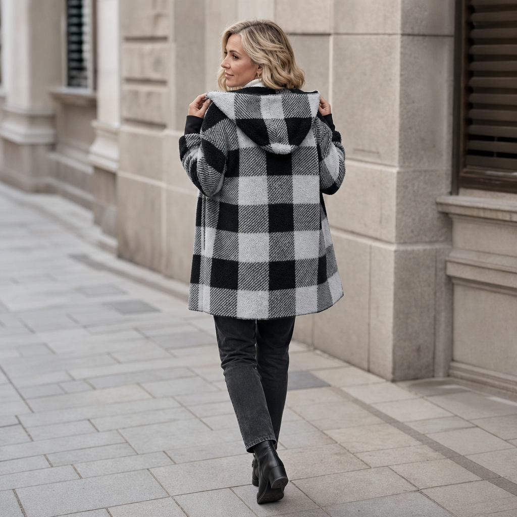 Oversized Plaid Hooded Fleece-Look Cardigan