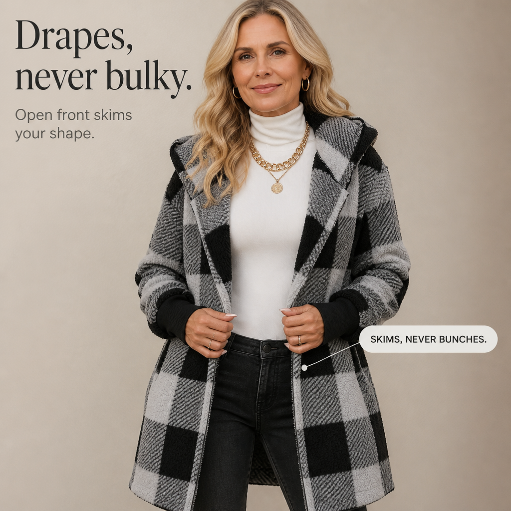 Oversized Plaid Hooded Fleece-Look Cardigan