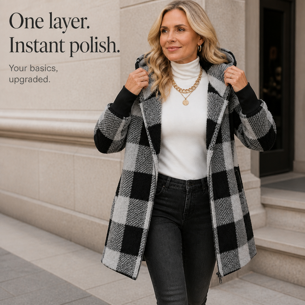 Oversized Plaid Hooded Fleece-Look Cardigan
