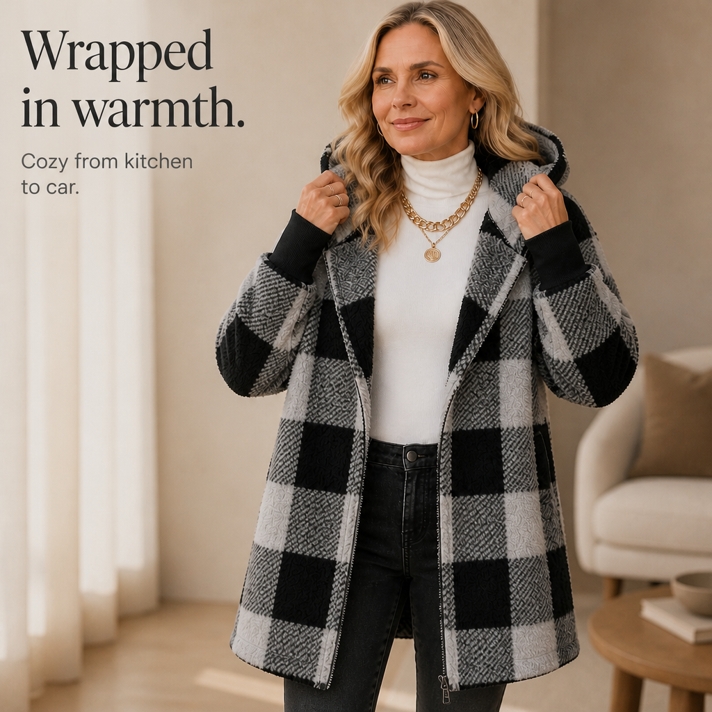 Oversized Plaid Hooded Fleece-Look Cardigan