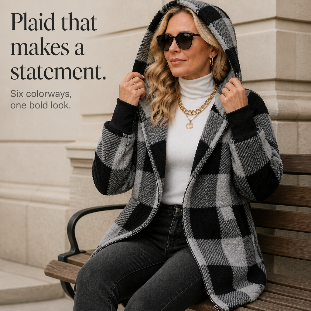 Oversized Plaid Hooded Fleece-Look Cardigan