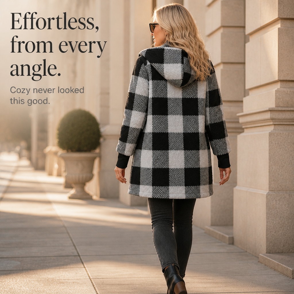 Oversized Plaid Hooded Fleece-Look Cardigan