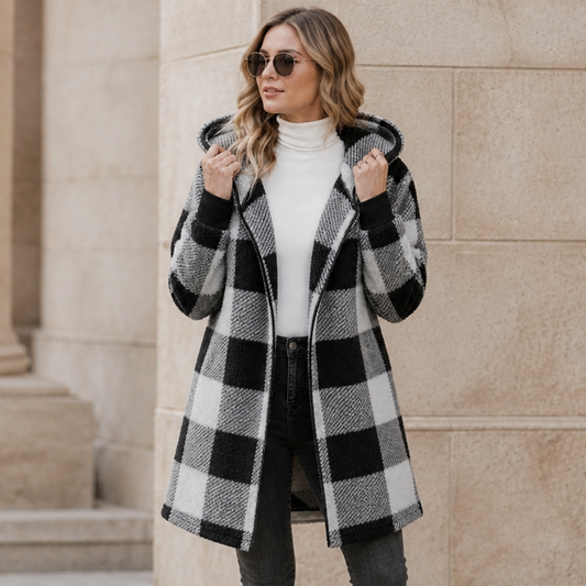Oversized plaid hooded fleece-look cardigan, black-and-white check, zip-front style