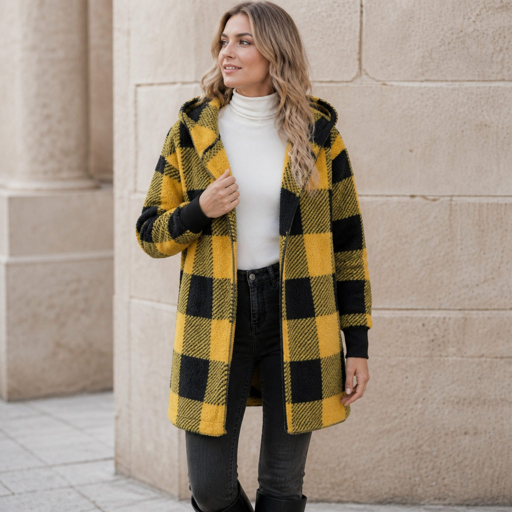 Oversized Plaid Hooded Fleece-Look Cardigan