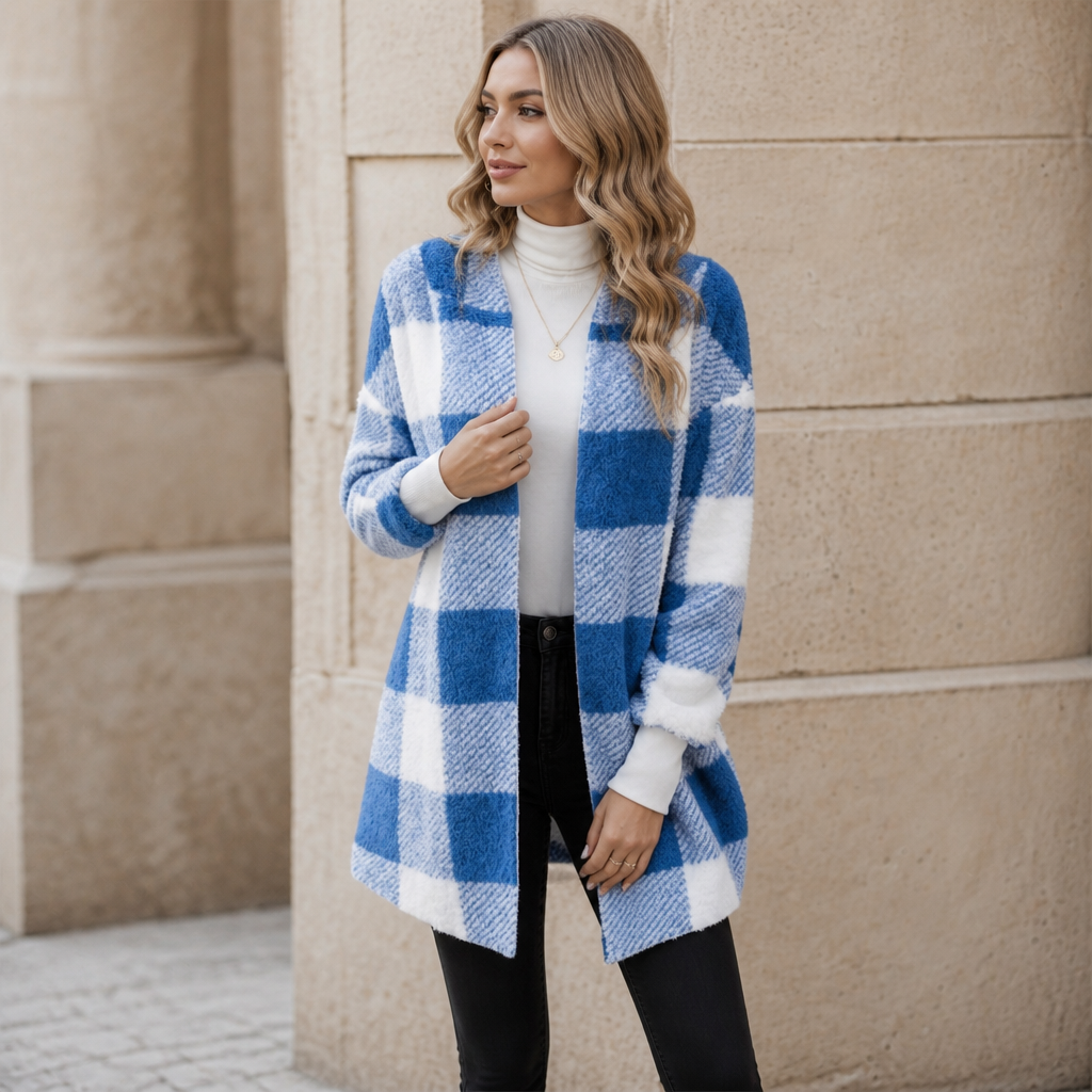 Oversized Plaid Hooded Fleece-Look Cardigan