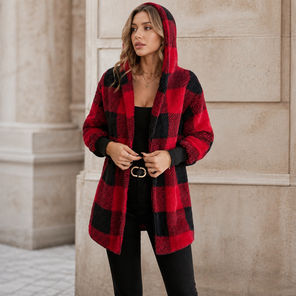Oversized Plaid Hooded Fleece-Look Cardigan