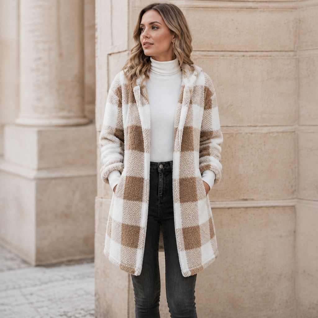 Oversized Plaid Hooded Fleece-Look Cardigan