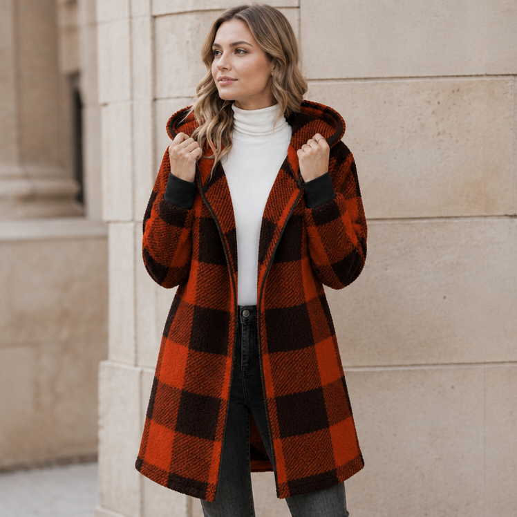 Oversized Plaid Hooded Fleece-Look Cardigan