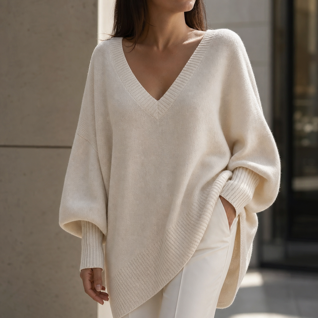Cream oversized V-neck knit sweater with ribbed hem and puff sleeves