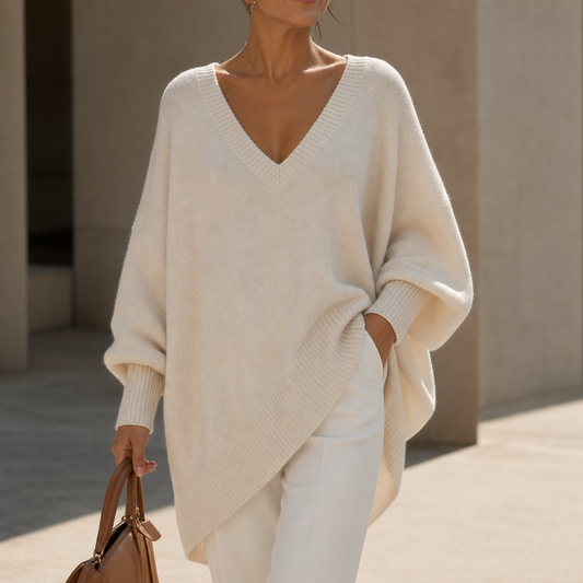 Cream oversized V-neck sweater with drop shoulder and ribbed cuffs