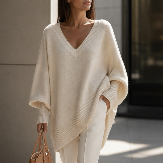 Cream oversized V-neck knit sweater with wide puff sleeves and ribbed cuffs