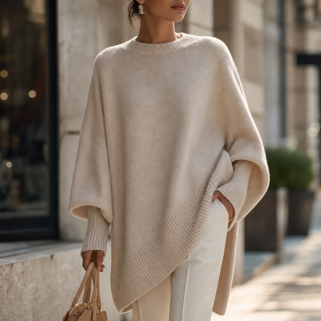 Beige knit poncho sweater with loose wide sleeves and ribbed trim at cuff and hem