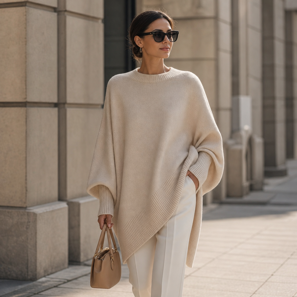 Beige oversized poncho sweater worn with fitted pants; ribbed collar and hem