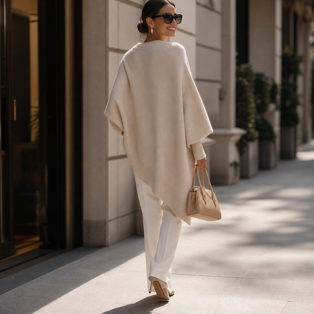 Beige knit poncho sweater from back view with wide drape sleeves and ribbed hem
