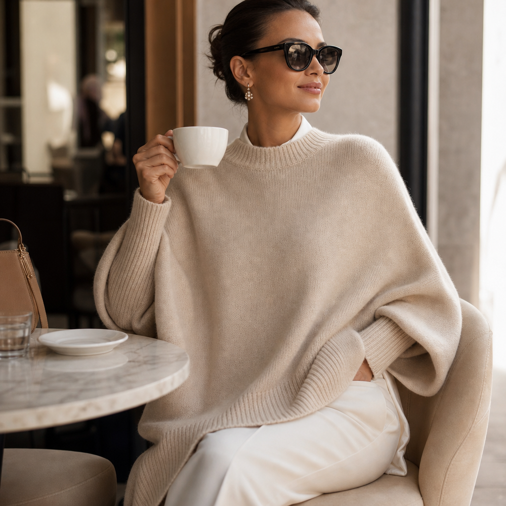 Beige oversized poncho sweater with chunky ribbed cuff and crew neckline