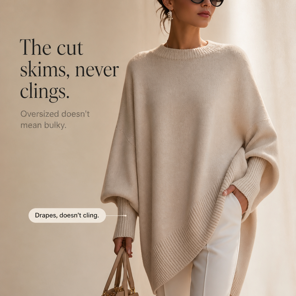 Beige knit poncho sweater with asymmetrical drape and ribbed hemline