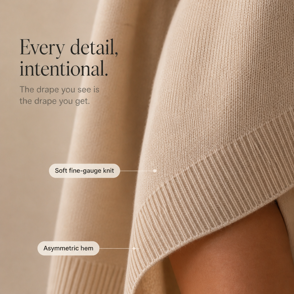 Beige oversized knit poncho sweater with fine-gauge ribbed hem and asymmetric drape