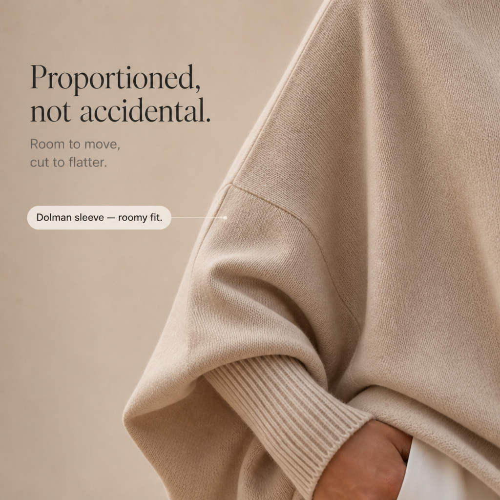 Beige knit poncho sweater with wide drape sleeves and ribbed cuffs