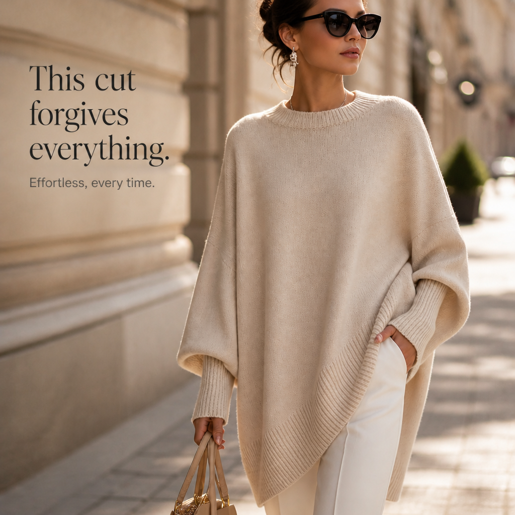 Beige oversized poncho sweater with wide sleeves and ribbed cuff and neckline trim