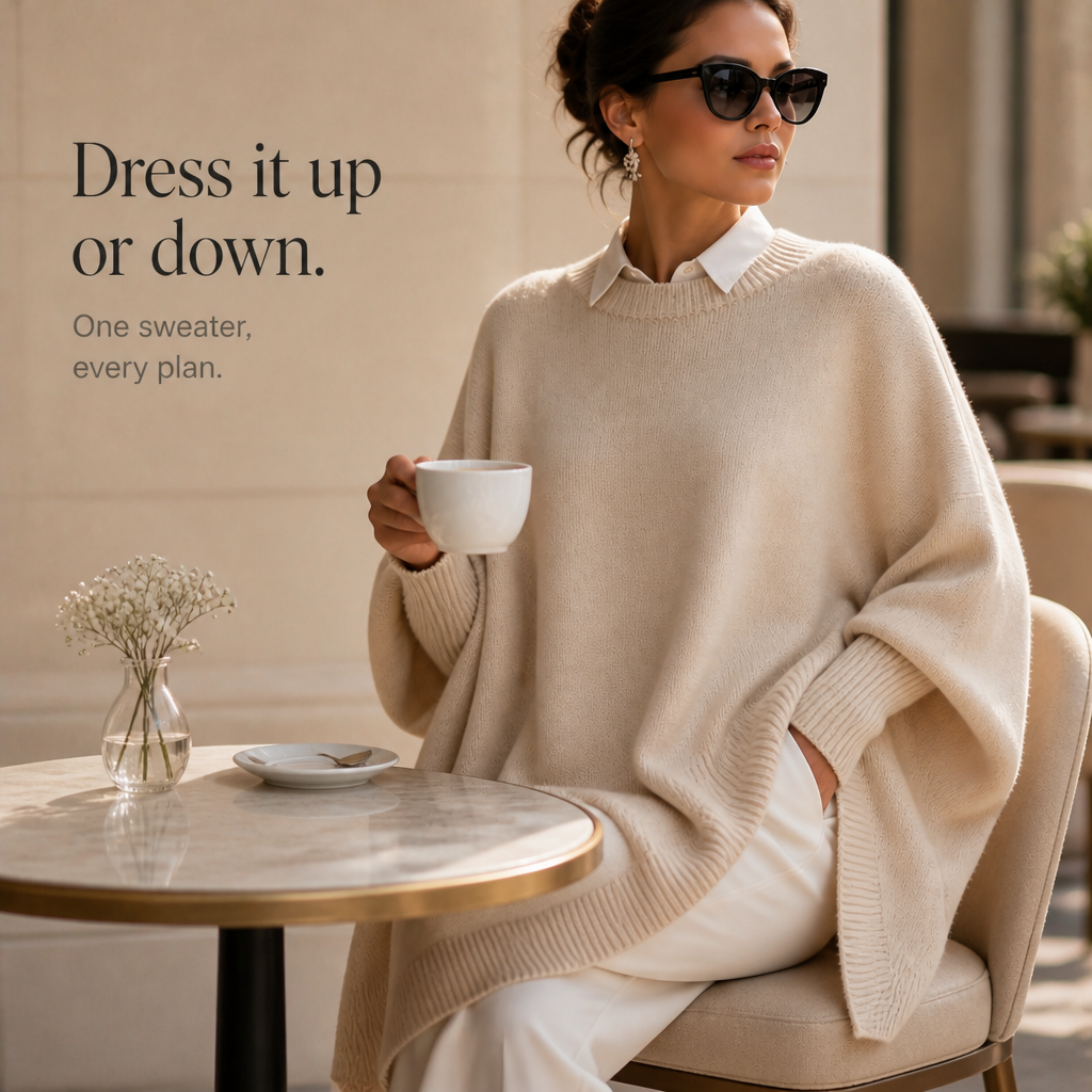 Beige oversized knit poncho sweater with wide sleeves and ribbed crew neck