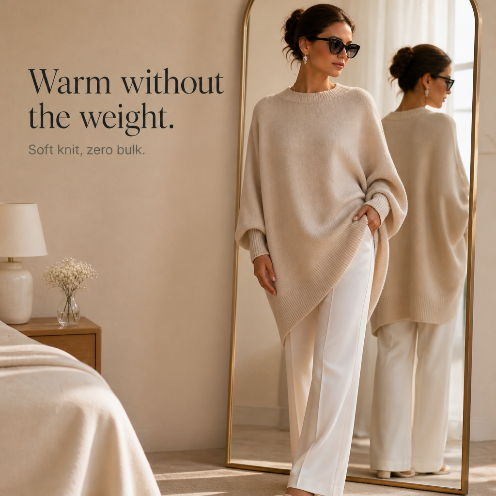 Light beige oversized knit poncho sweater with wide sleeves and ribbed hem details