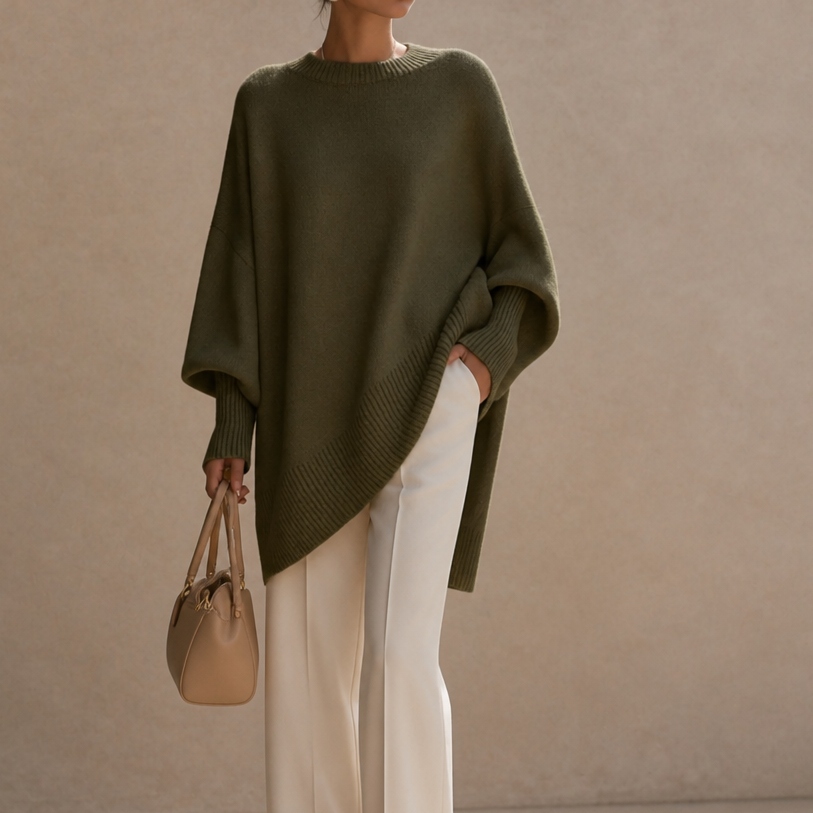Olive oversized knit poncho sweater with wide sleeves and ribbed crew neckline