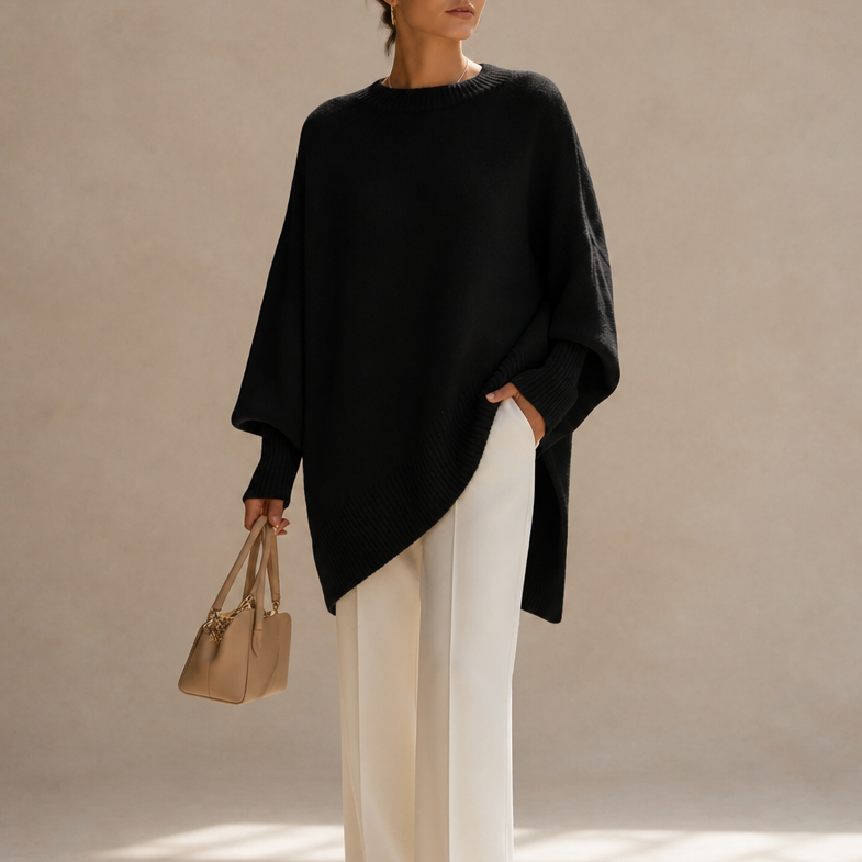 Black oversized knit poncho sweater with wide sleeves and ribbed crew neck
