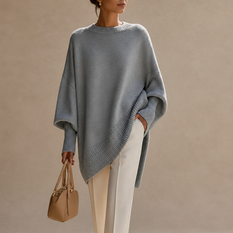 Grey oversized knit poncho sweater with wide sleeves and ribbed crew neckline