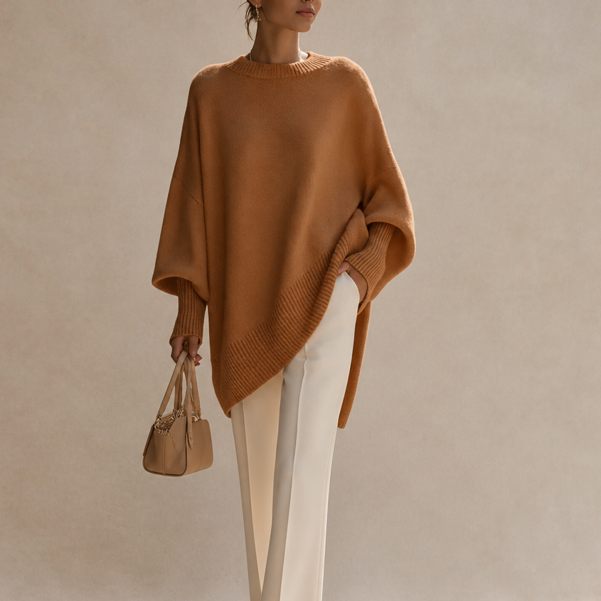 Brown oversized knit poncho sweater with wide sleeves and ribbed crew neck