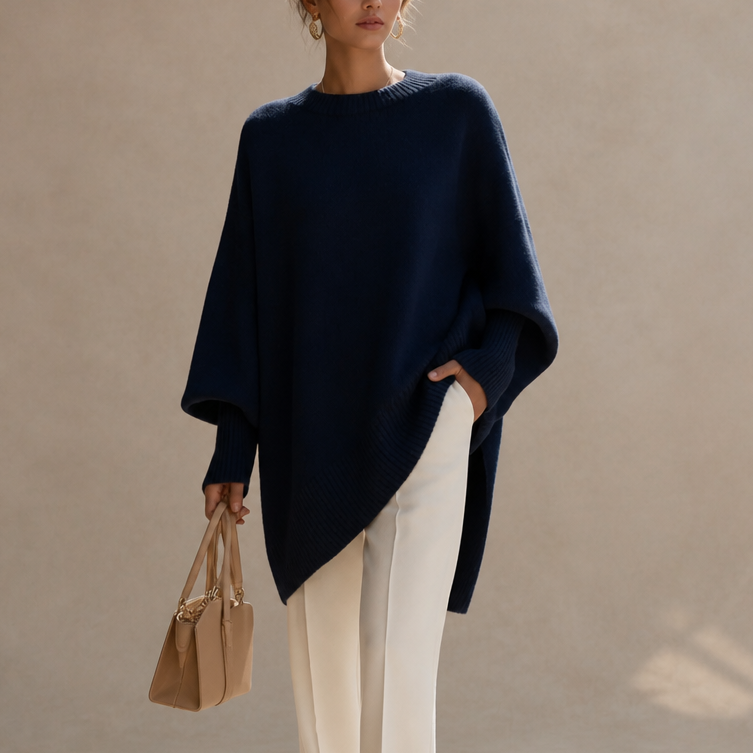 Navy oversized knit poncho sweater with wide sleeves and ribbed crew neckline