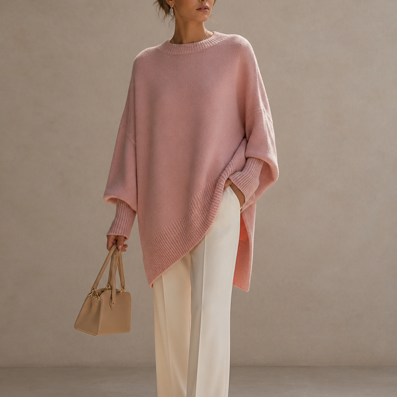 Oversized pink knit poncho sweater with wide sleeves and ribbed trim
