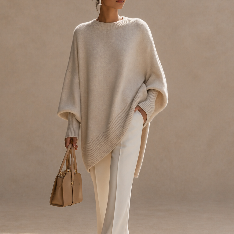 Cream oversized knit poncho sweater with wide sleeves and ribbed crew neckline