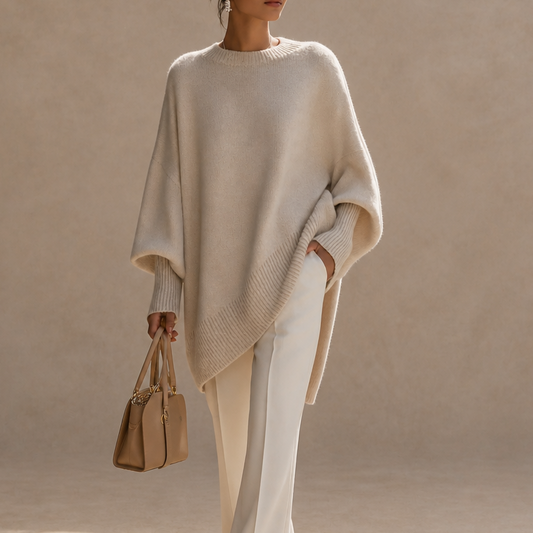 Cream oversized knit poncho sweater with wide sleeves and ribbed crew neckline