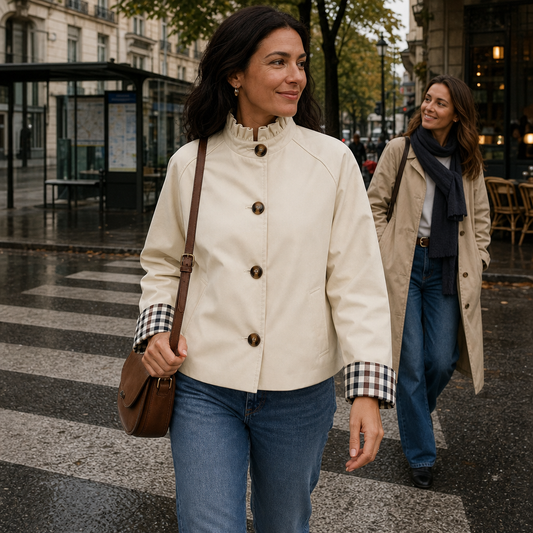 Beige short trench coat with stand ruffle collar, button front, and plaid-lined cuffs.
