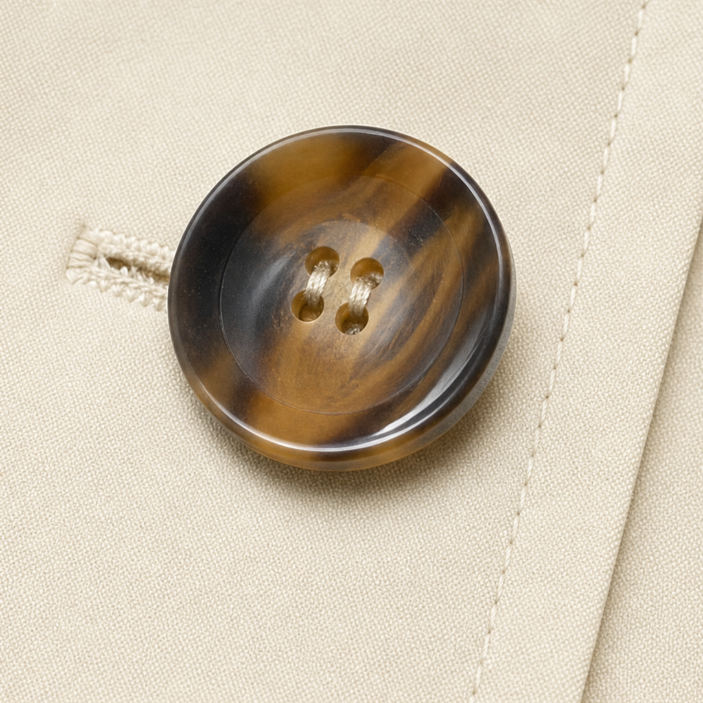 Round dark-beige button on beige trench coat front placket.