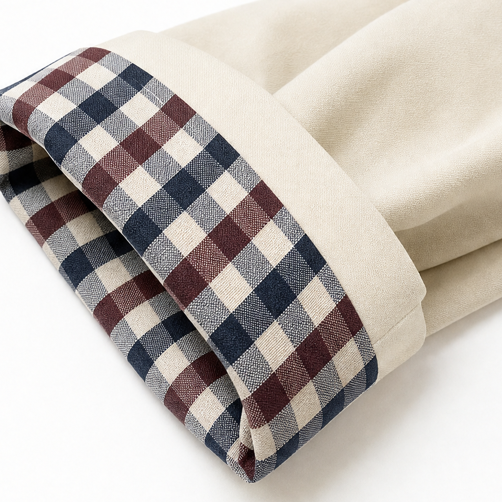 Plaid cuff fabric detail in navy, burgundy, and beige on the trench coat sleeve.