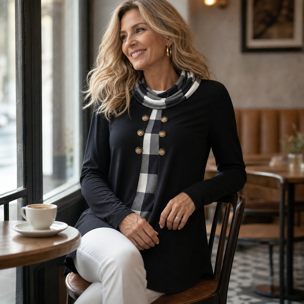 Black tunic with plaid faux-layer front, cowl neckline, and gold buttons at center
