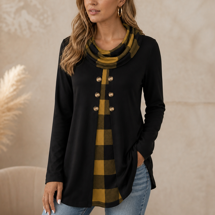 Black faux-layered tunic with yellow plaid front, cowl neck, long sleeves, button placket.
