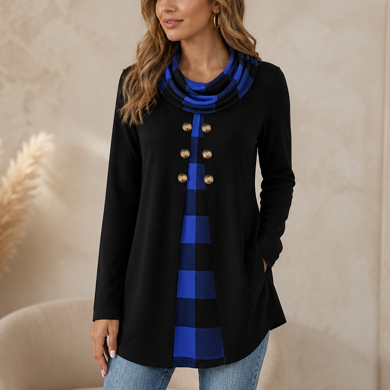 Black faux-layered tunic with blue plaid front, cowl neck, long sleeves, button placket.