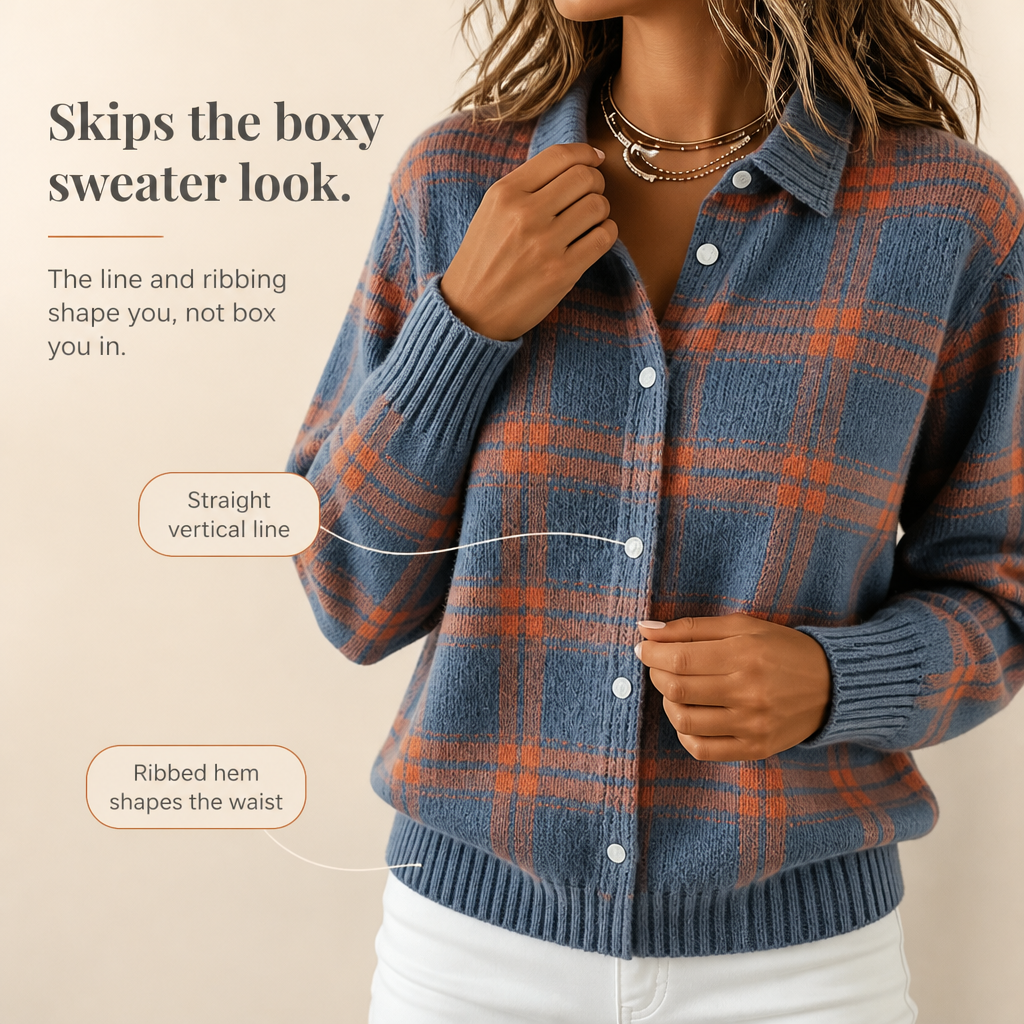 Plaid knit cardigan detail: shirt-style collar, blue-and-orange checks, round button front