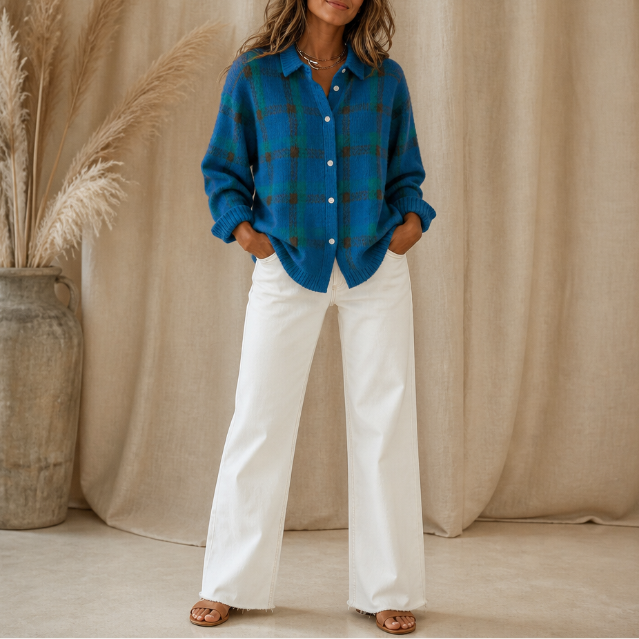Plaid knit cardigan with shirt collar, button-front, long sleeves; teal blue grid pattern
